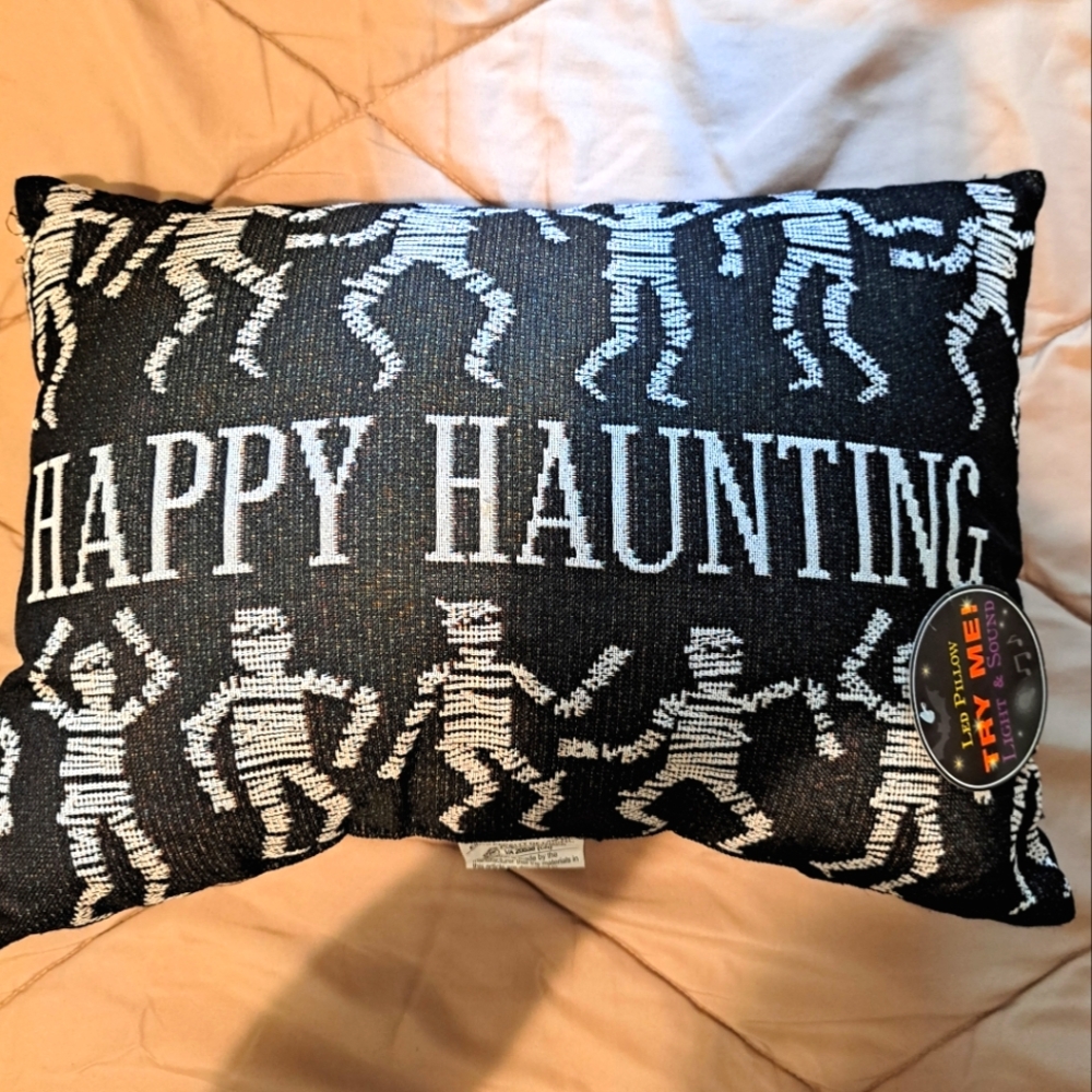 Halloween Hauntings Pillow LED Lights Sound Skeleton Spooky Scary Fun Throw